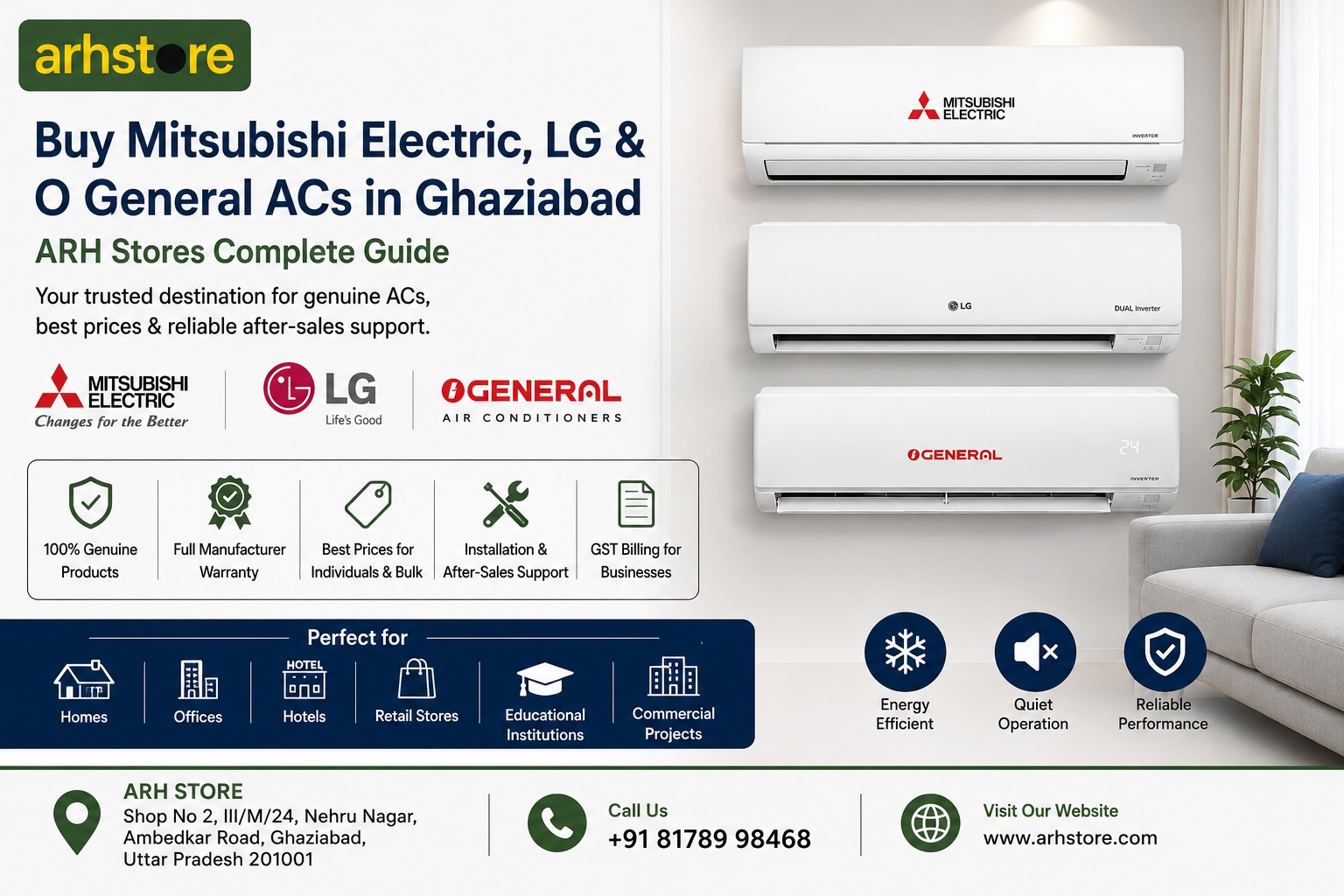 Buy Mitsubishi Electric, LG & O General ACs in Ghaziabad: ARH Stores Complete Guide
